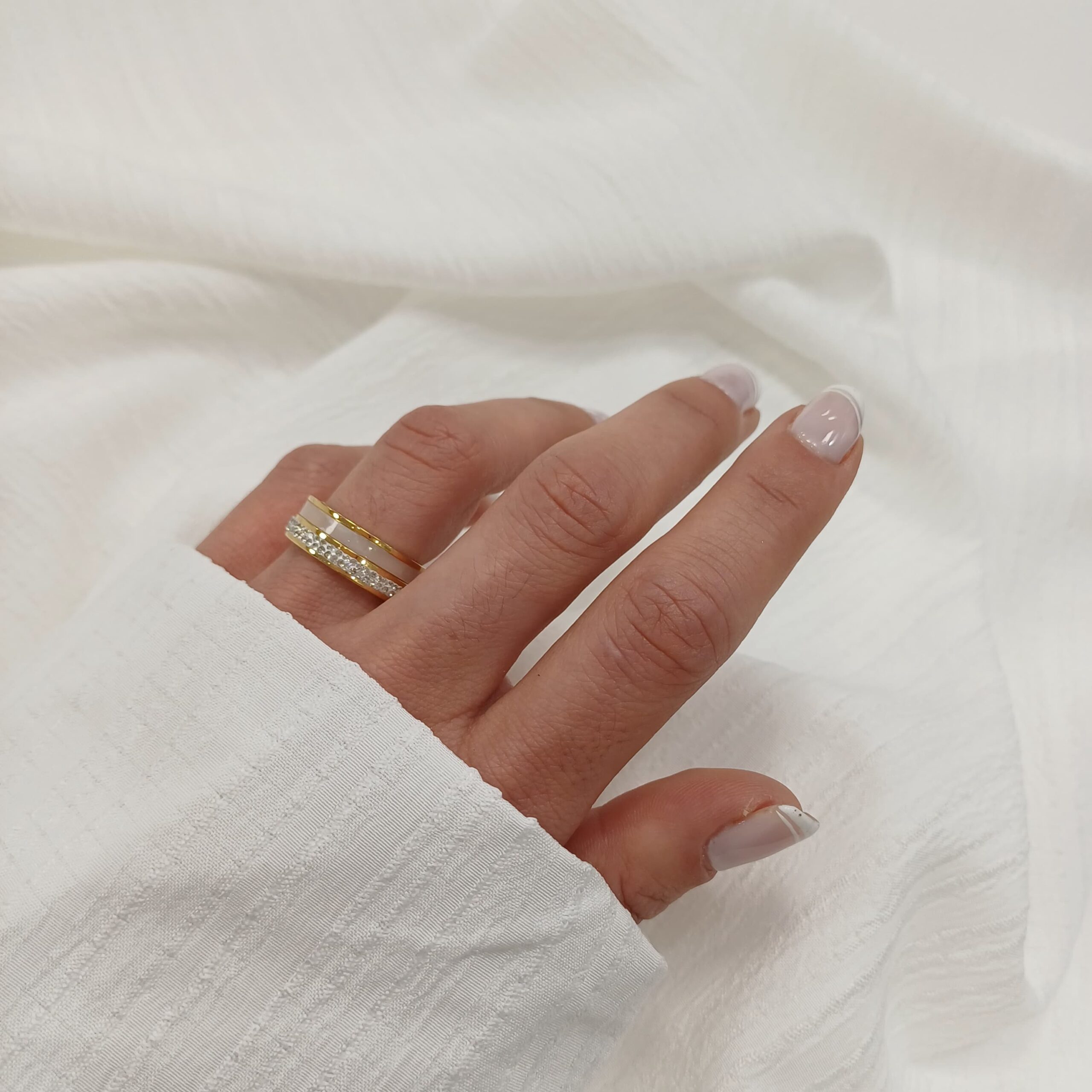 Anillo Acero Dorado -Nacar y Brillos